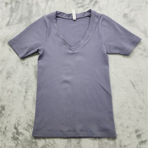 Athleta Renew Seamless V-Neck Tee Size XXS Gray Tempest Violet Ribbed Fitted - Picture 1 of 8